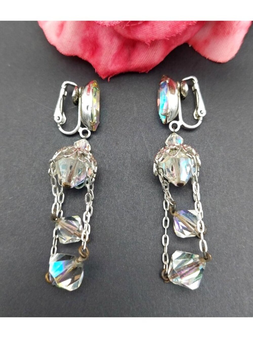Vintage Lewis Segal AB Crystal Dangle Drop Clip On Earrings Silver Tone Formal